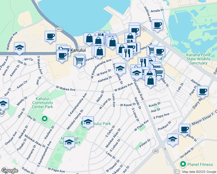 map of restaurants, bars, coffee shops, grocery stores, and more near 129 Niihau Street in Kahului