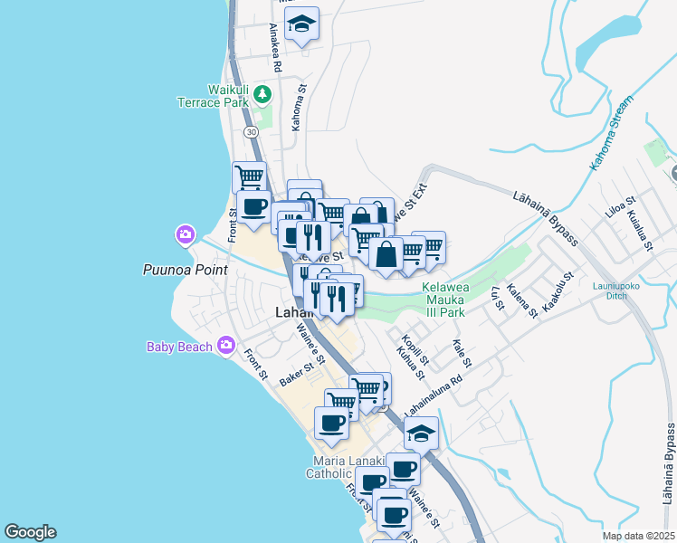 map of restaurants, bars, coffee shops, grocery stores, and more near 28 East Kuu Aku Lane in Lahaina