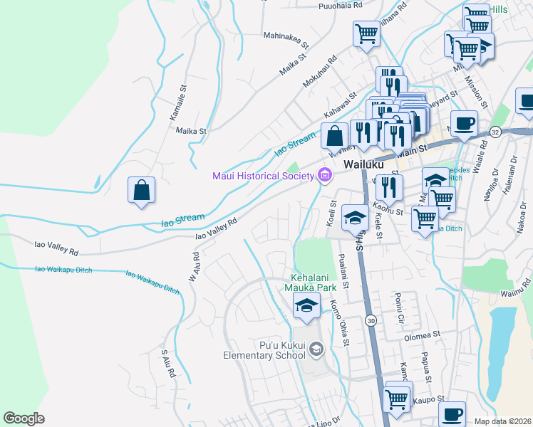 map of restaurants, bars, coffee shops, grocery stores, and more near 147 Hoolaau Street in Wailuku