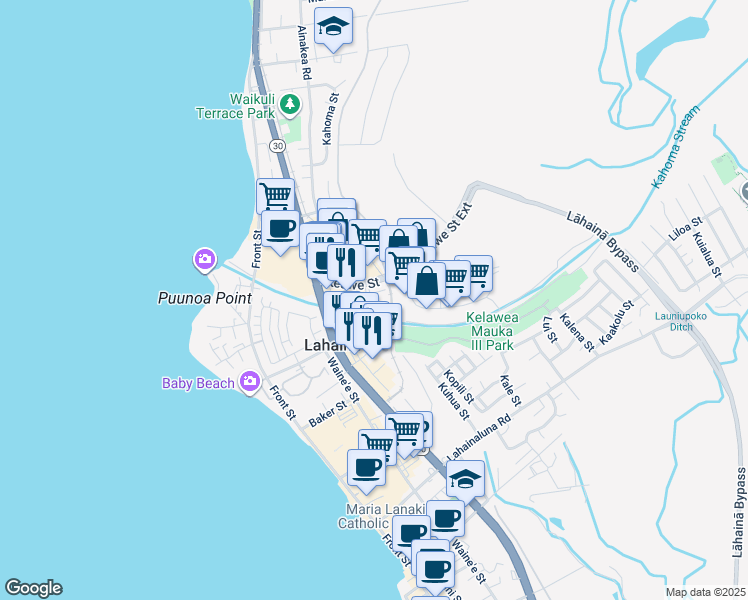 map of restaurants, bars, coffee shops, grocery stores, and more near 15 East Kuu Aku Lane in Lahaina