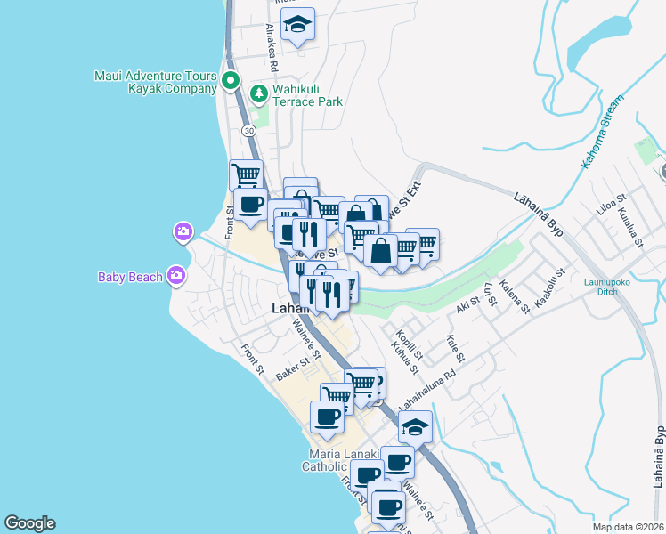 map of restaurants, bars, coffee shops, grocery stores, and more near 28 East Kuu Aku Lane in Lahaina