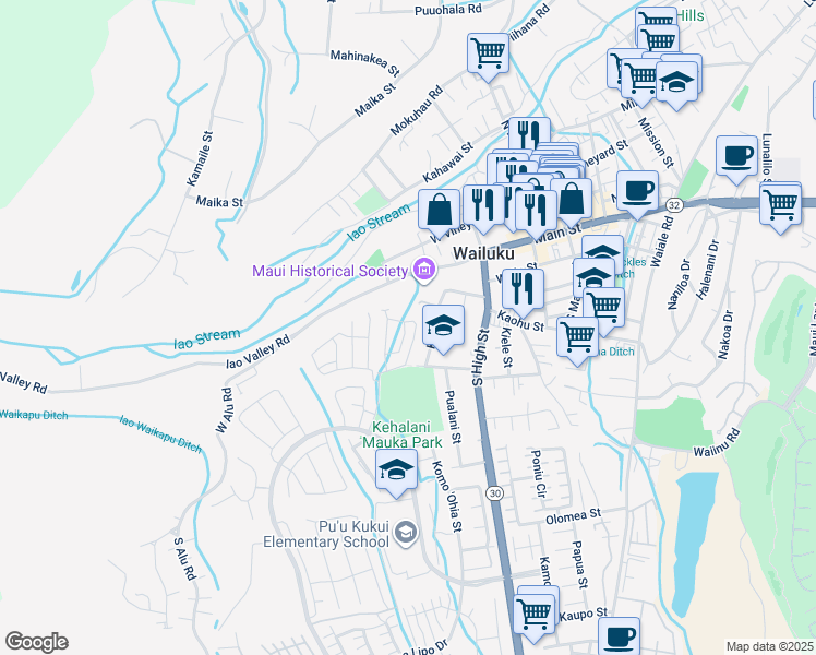 map of restaurants, bars, coffee shops, grocery stores, and more near 322 Lau Manamana Street in Wailuku