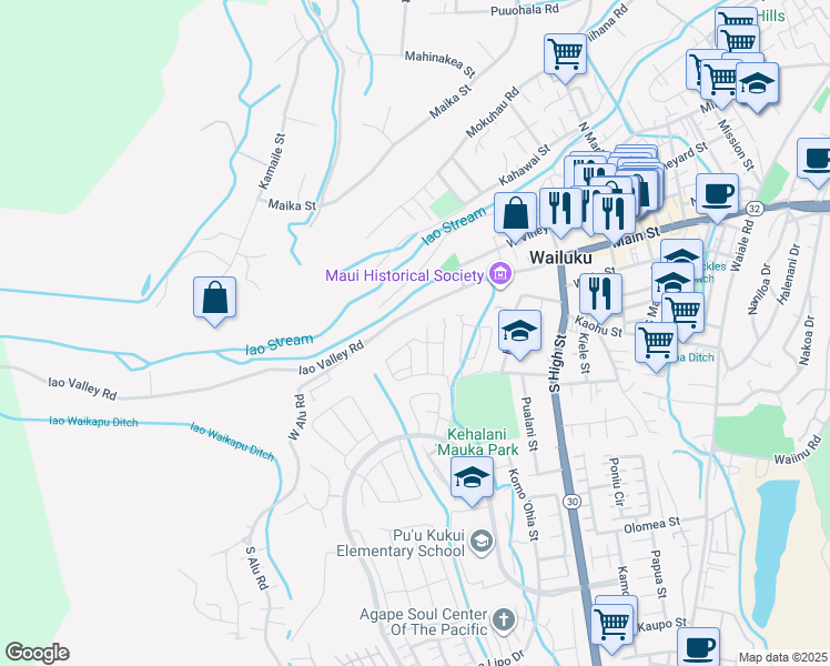 map of restaurants, bars, coffee shops, grocery stores, and more near 143 Hoolaau Street in Wailuku