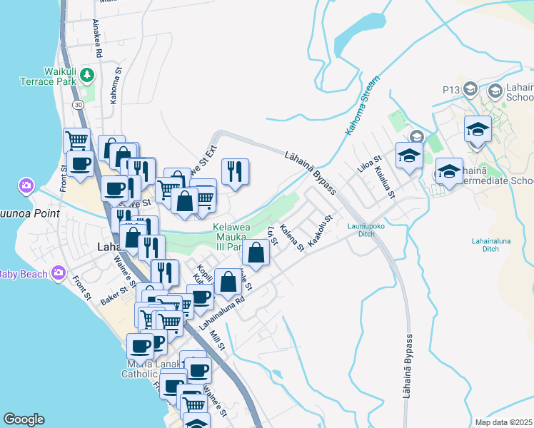map of restaurants, bars, coffee shops, grocery stores, and more near 898 Kalena Street in Lahaina