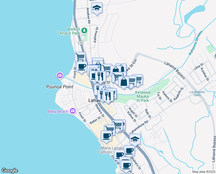 map of restaurants, bars, coffee shops, grocery stores, and more near 31 East Kuu Aku Lane in Lahaina