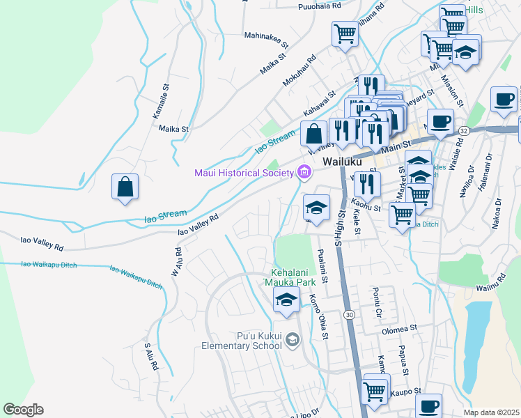 map of restaurants, bars, coffee shops, grocery stores, and more near 172 Akialoa Place in Wailuku