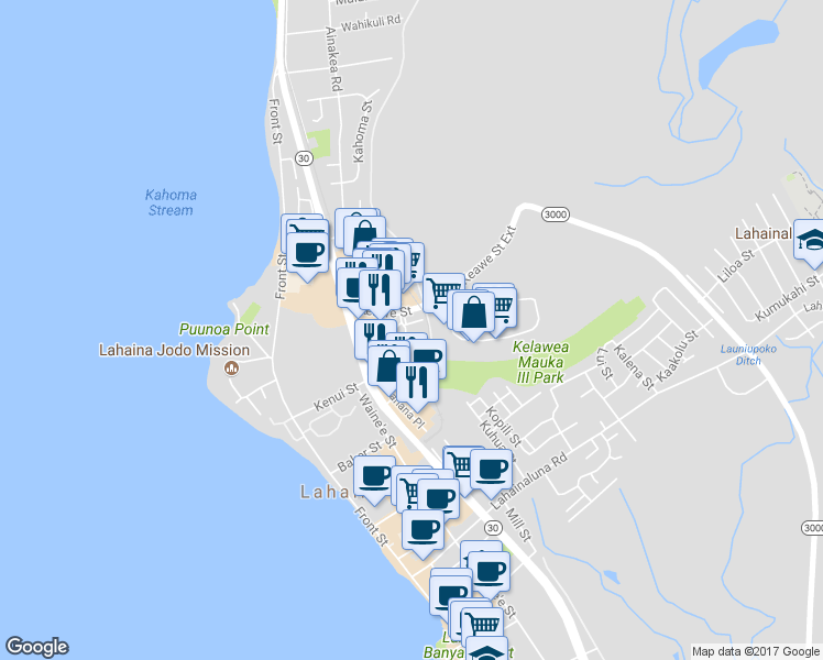 map of restaurants, bars, coffee shops, grocery stores, and more near 31 East Kuu Aku Lane in Lahaina