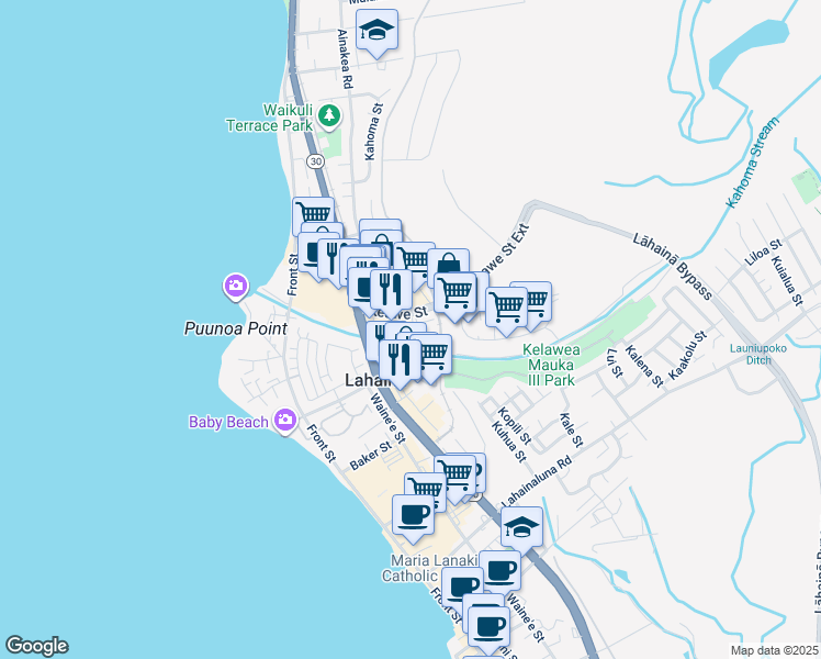 map of restaurants, bars, coffee shops, grocery stores, and more near 28 East Kuu Aku Lane in Lahaina