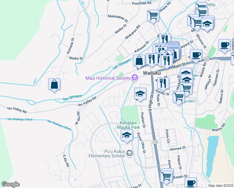 map of restaurants, bars, coffee shops, grocery stores, and more near 49 Kakawahie Place in Wailuku