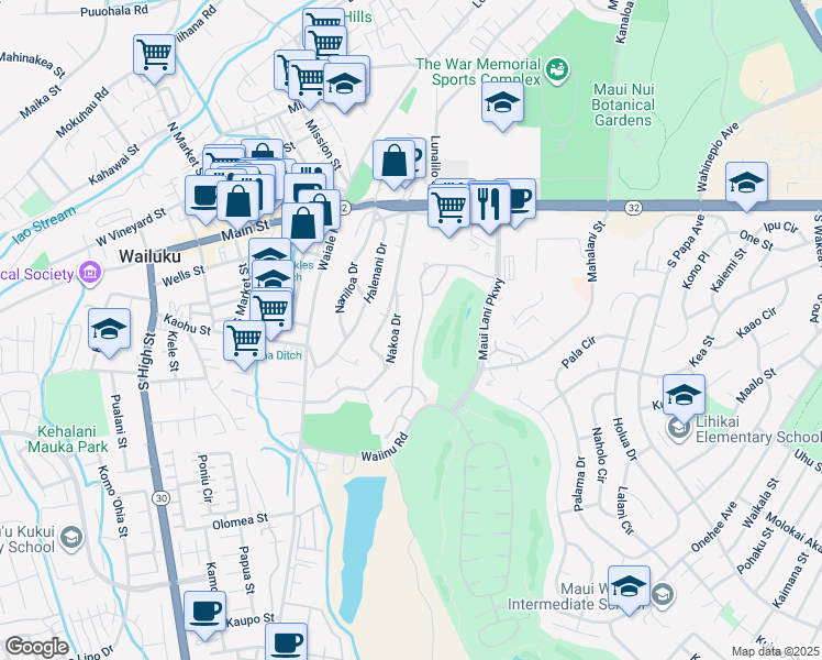 map of restaurants, bars, coffee shops, grocery stores, and more near 124 Keoneloa Street in Wailuku