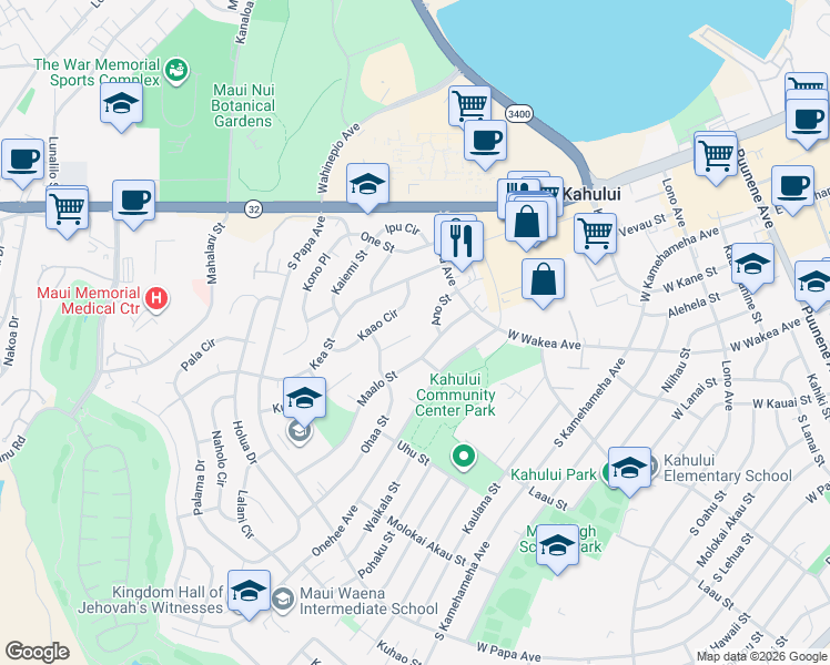 map of restaurants, bars, coffee shops, grocery stores, and more near 442 Aleo Place in Kahului