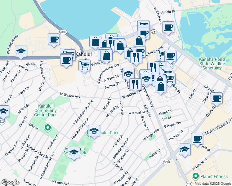 map of restaurants, bars, coffee shops, grocery stores, and more near 129 Niihau Street in Kahului