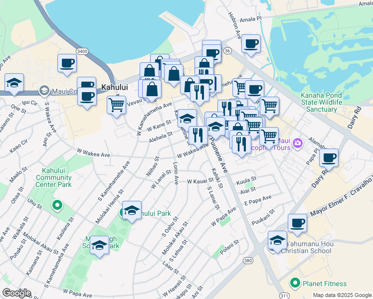 map of restaurants, bars, coffee shops, grocery stores, and more near 78 West Wakea Avenue in Kahului