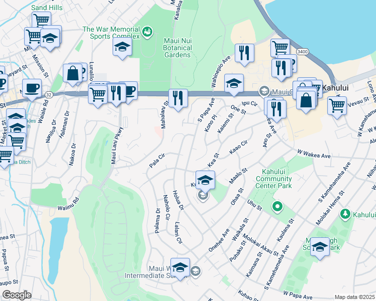 map of restaurants, bars, coffee shops, grocery stores, and more near 182 South Papa Avenue in Kahului
