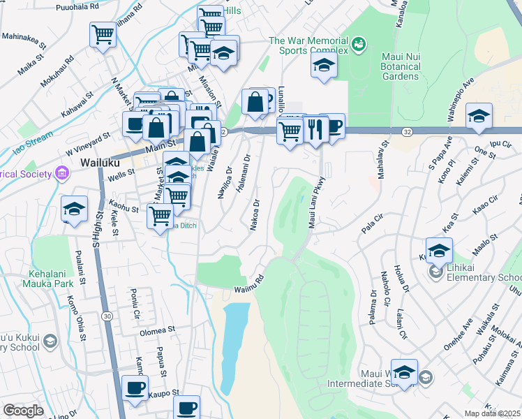 map of restaurants, bars, coffee shops, grocery stores, and more near 128 Keoneloa Street in Wailuku