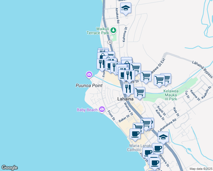 map of restaurants, bars, coffee shops, grocery stores, and more near 370 Kahoma Village Loop in Lahaina