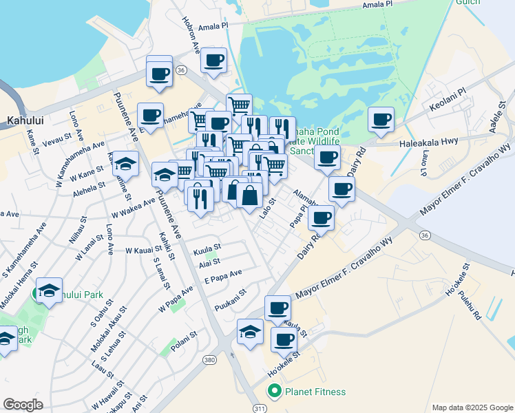 map of restaurants, bars, coffee shops, grocery stores, and more near 251 Lalo Street in Kahului