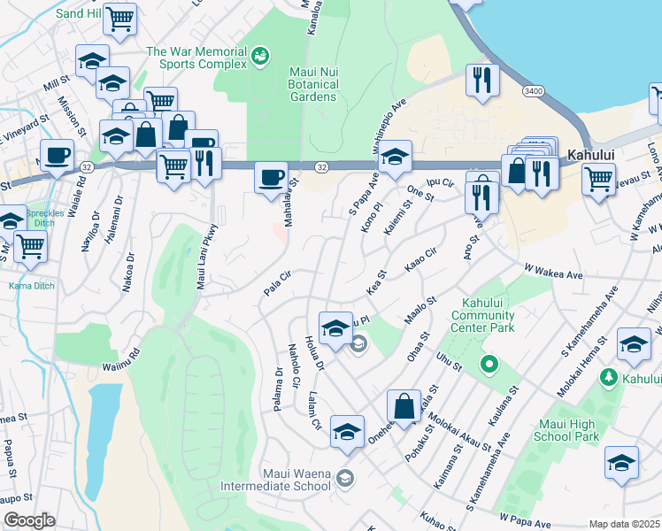 map of restaurants, bars, coffee shops, grocery stores, and more near 183 Holua Drive in Kahului