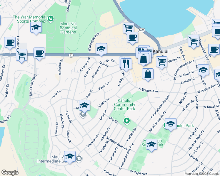 map of restaurants, bars, coffee shops, grocery stores, and more near 450 Aleo Place in Kahului