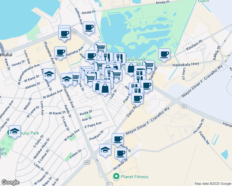 map of restaurants, bars, coffee shops, grocery stores, and more near 270 Lalo Street in Kahului