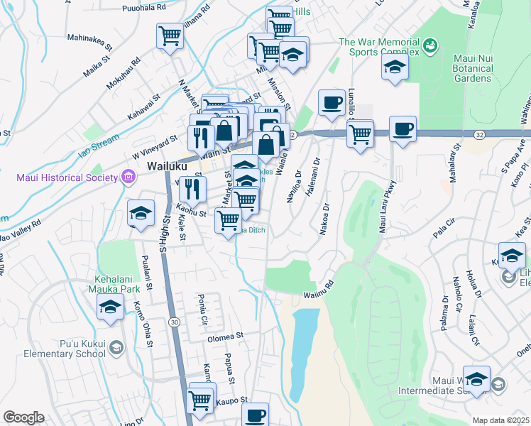 map of restaurants, bars, coffee shops, grocery stores, and more near 285 Waiale Road in Wailuku