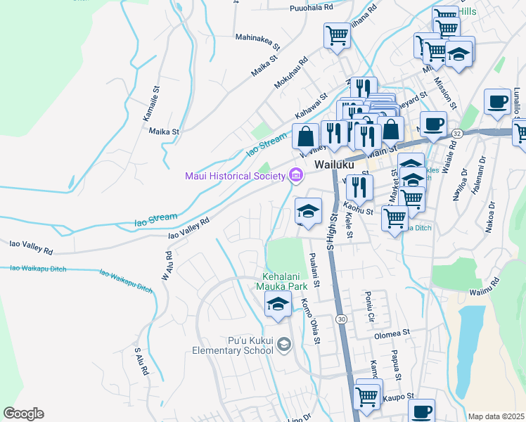 map of restaurants, bars, coffee shops, grocery stores, and more near 50 Kakawahie Place in Wailuku