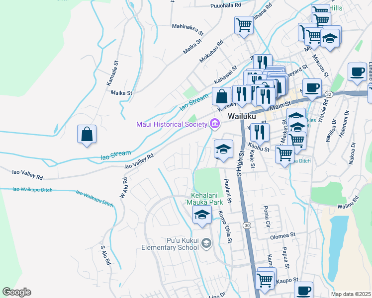 map of restaurants, bars, coffee shops, grocery stores, and more near 53 Kakawahie Place in Wailuku