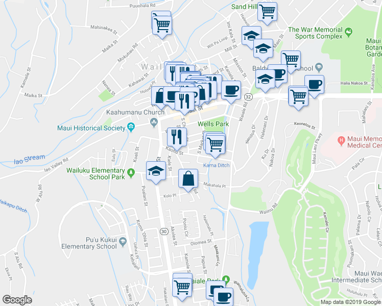 map of restaurants, bars, coffee shops, grocery stores, and more near 2070 Kaohu Street in Wailuku
