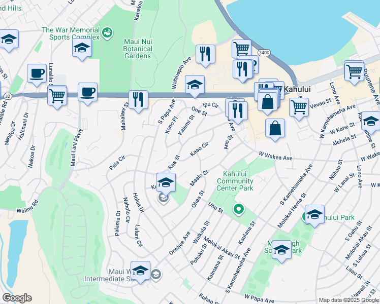 map of restaurants, bars, coffee shops, grocery stores, and more near 502 Kaao Circle in Kahului
