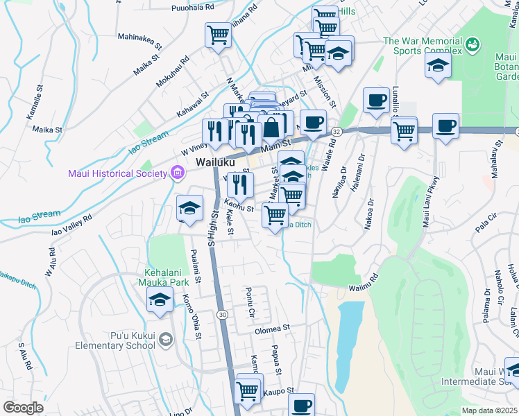 map of restaurants, bars, coffee shops, grocery stores, and more near 2070 Kaohu Street in Wailuku