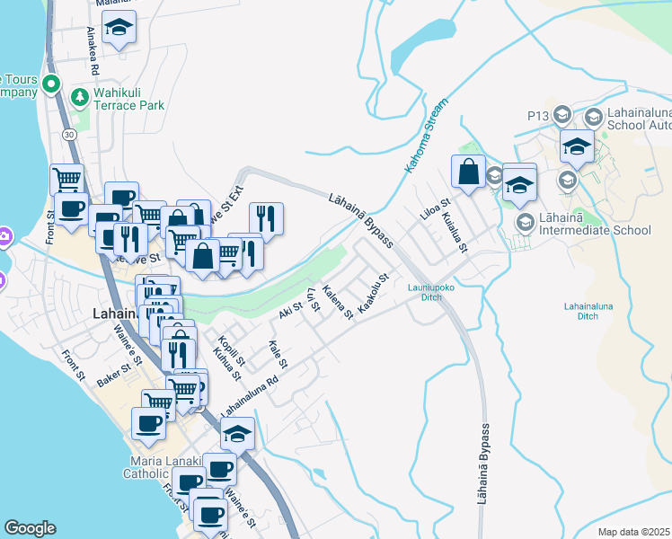 map of restaurants, bars, coffee shops, grocery stores, and more near 604 Kahena Street in Lahaina