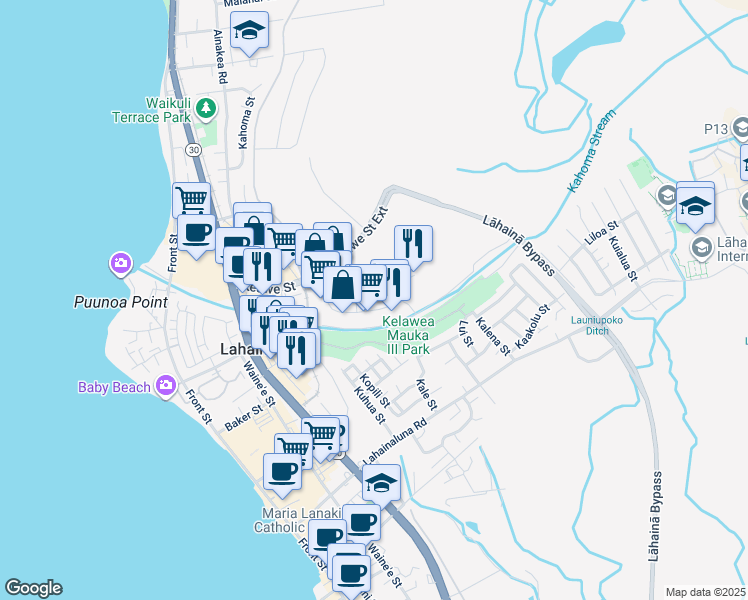map of restaurants, bars, coffee shops, grocery stores, and more near 169 Kupuohi Street in Lahaina