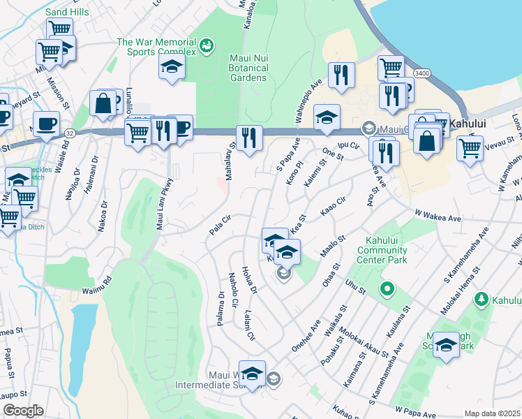 map of restaurants, bars, coffee shops, grocery stores, and more near 182 South Papa Avenue in Kahului