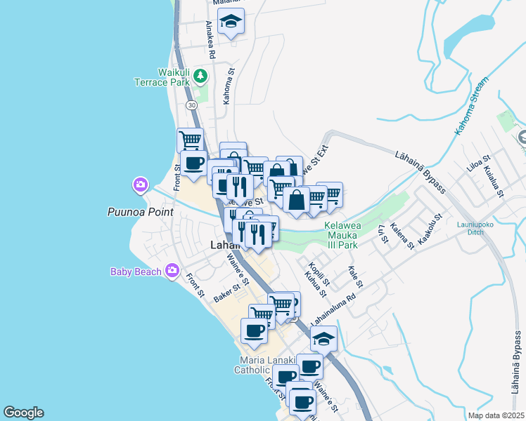 map of restaurants, bars, coffee shops, grocery stores, and more near 15 East Kuu Aku Lane in Lahaina