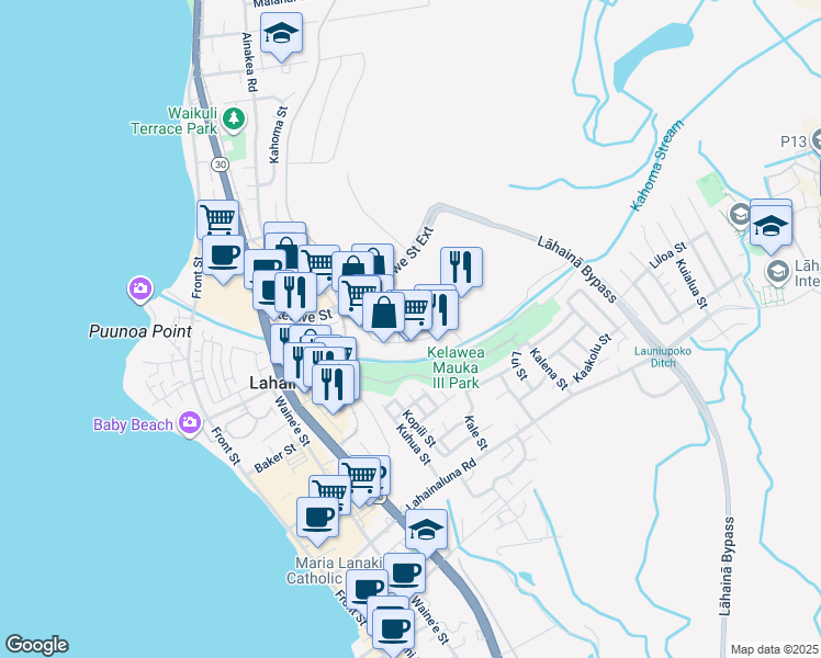 map of restaurants, bars, coffee shops, grocery stores, and more near 157 Kupuohi Street in Lahaina