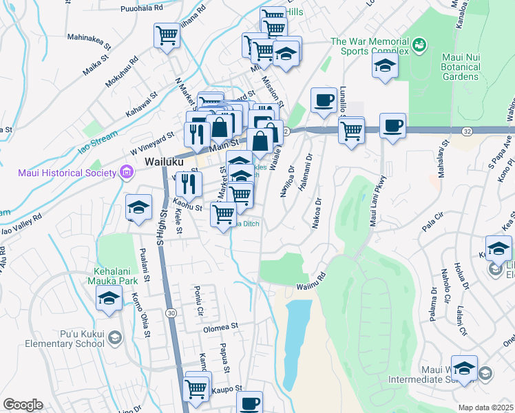 map of restaurants, bars, coffee shops, grocery stores, and more near 1811 Pikale Place in Wailuku