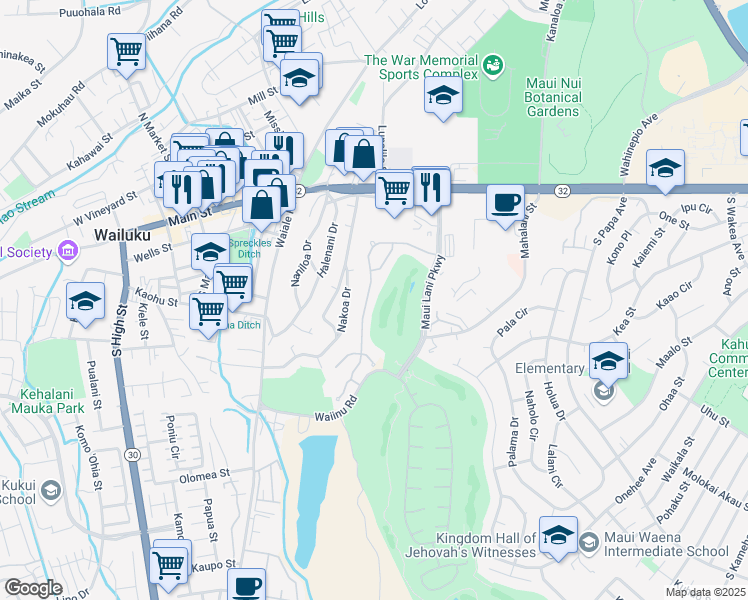 map of restaurants, bars, coffee shops, grocery stores, and more near 121 Keoneloa Street in Wailuku