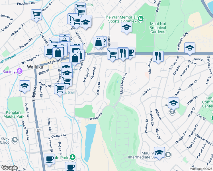 map of restaurants, bars, coffee shops, grocery stores, and more near 121 Keoneloa Street in Wailuku