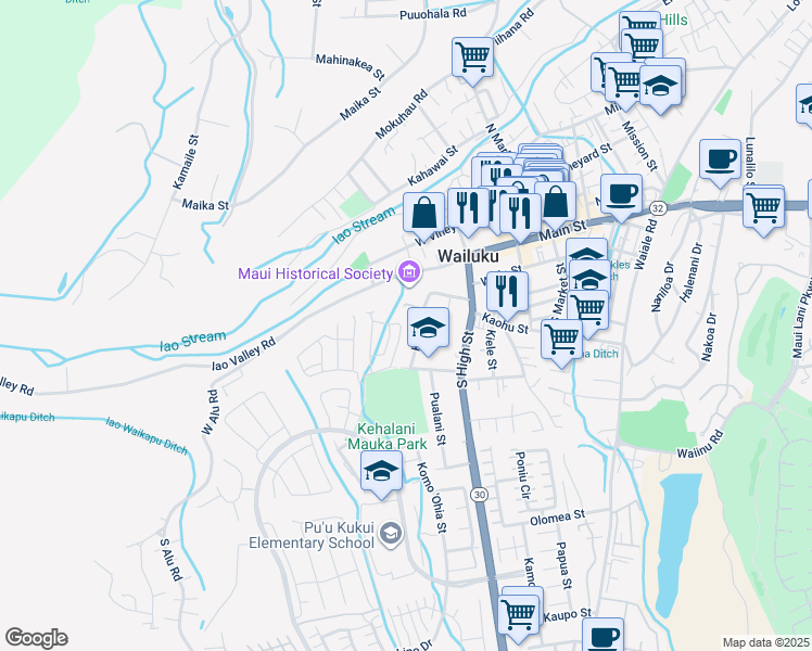 map of restaurants, bars, coffee shops, grocery stores, and more near 223 Lau Oliwa Loop in Wailuku