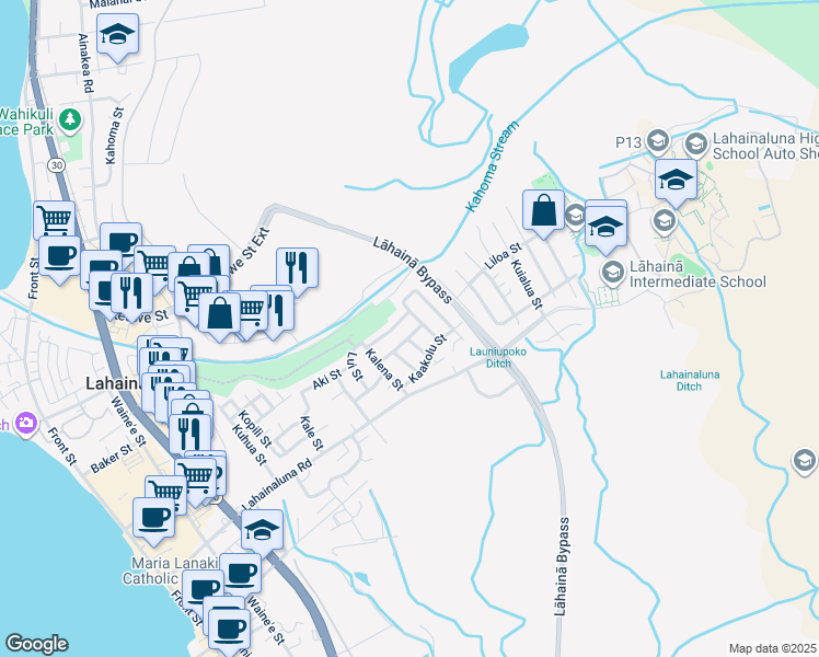 map of restaurants, bars, coffee shops, grocery stores, and more near 615 Kahako Street in Lahaina