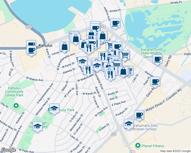 map of restaurants, bars, coffee shops, grocery stores, and more near 266 Puunene Avenue in Kahului