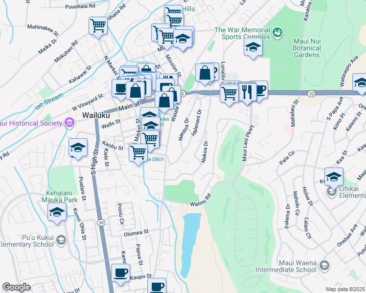 map of restaurants, bars, coffee shops, grocery stores, and more near 282 Naniloa Drive in Wailuku