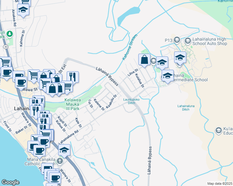 map of restaurants, bars, coffee shops, grocery stores, and more near 659 Kaakolu Street in Lahaina