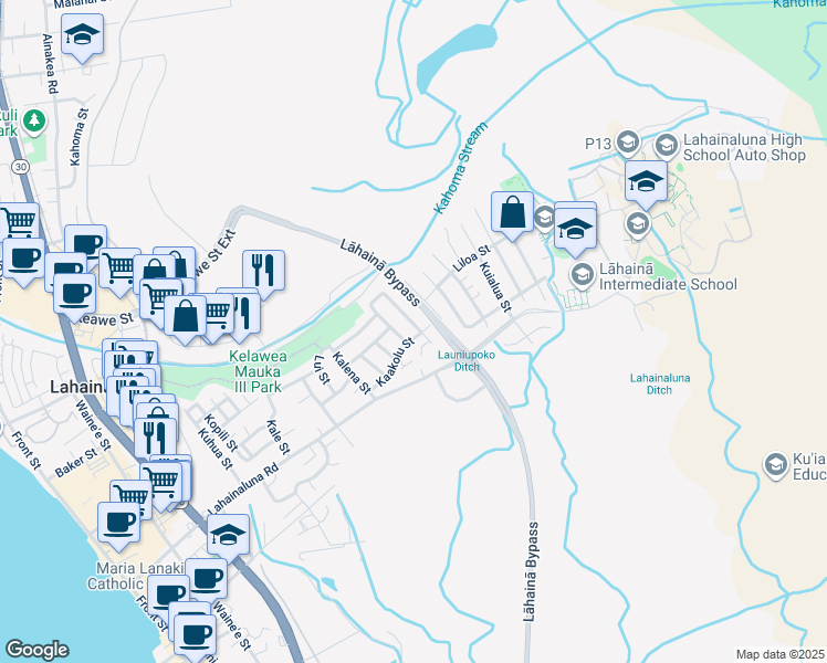 map of restaurants, bars, coffee shops, grocery stores, and more near 659 Kaakolu Street in Lahaina