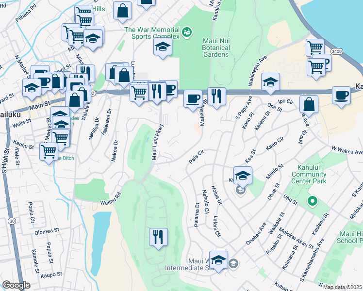 map of restaurants, bars, coffee shops, grocery stores, and more near 221 Mahalani Street in Wailuku
