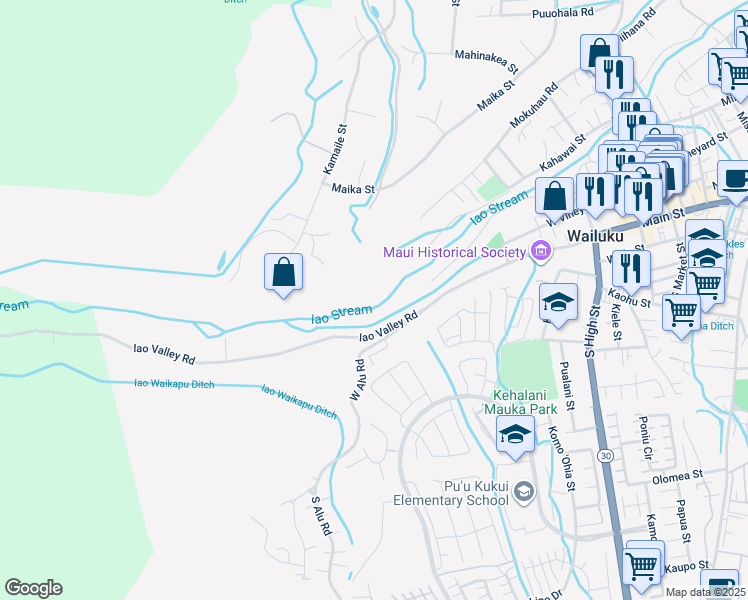 map of restaurants, bars, coffee shops, grocery stores, and more near 2553 Mokuhau Road in Wailuku