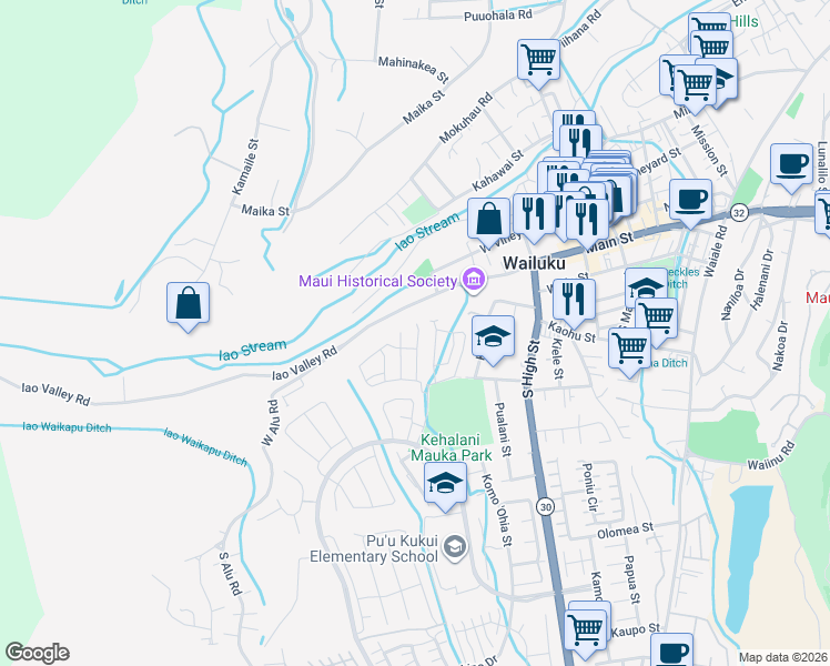 map of restaurants, bars, coffee shops, grocery stores, and more near 53 Kakawahie Place in Wailuku