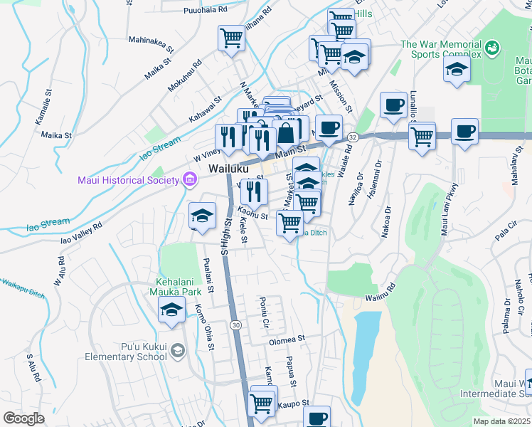 map of restaurants, bars, coffee shops, grocery stores, and more near 2108 Kaohu Street in Wailuku