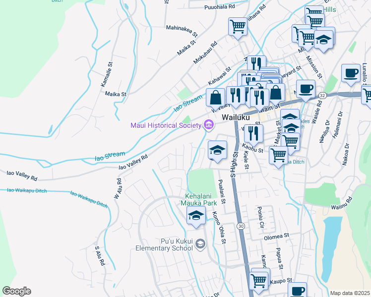 map of restaurants, bars, coffee shops, grocery stores, and more near 52 Kakawahie Place in Wailuku