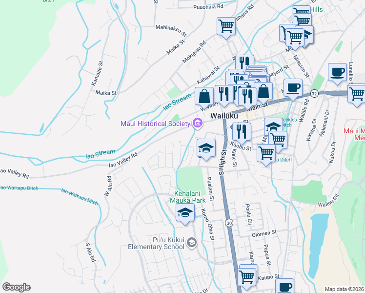 map of restaurants, bars, coffee shops, grocery stores, and more near 132 Eulu Street in Wailuku